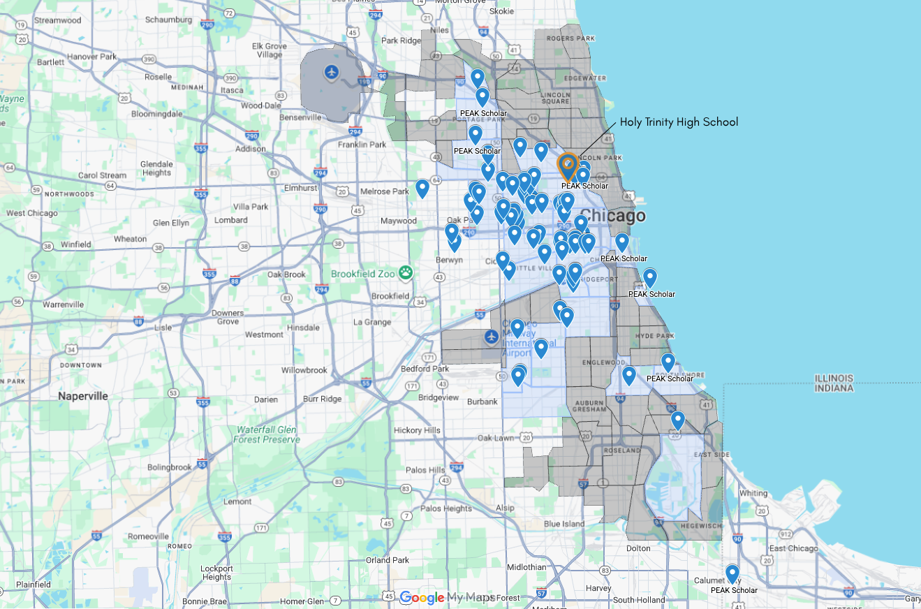 Map of Chicago with pins showing where PEAK scholars live across the West and South Sides, with high-vulnerability neighborhoods shaded